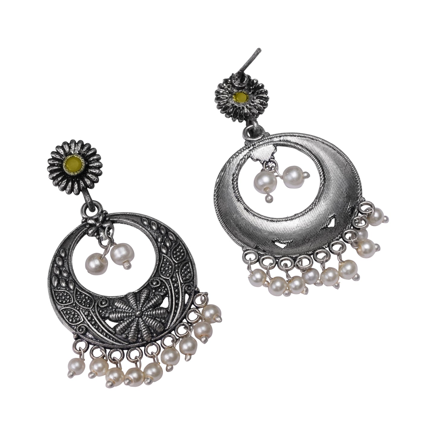 Yellow Stone Studded Beautiful Oxidised Earrings With Hanging Pearls