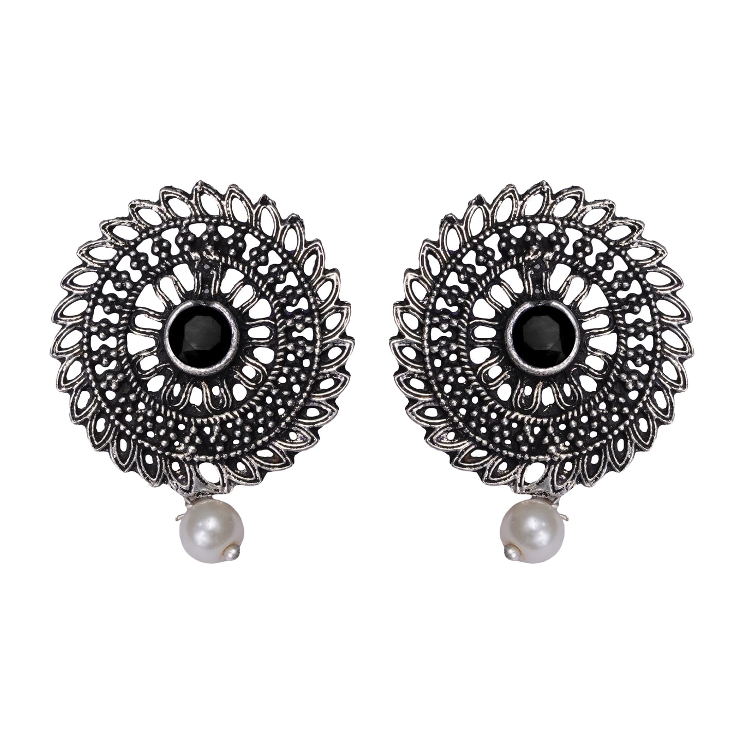 Black Stone Studded Beautiful Oxidised Studs With Hanging Pearl