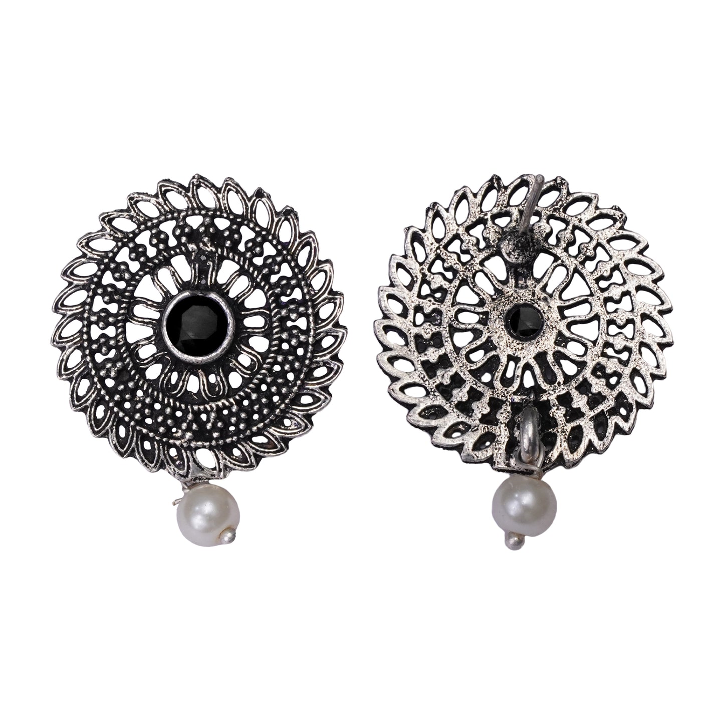 Black Stone Studded Beautiful Oxidised Studs With Hanging Pearl