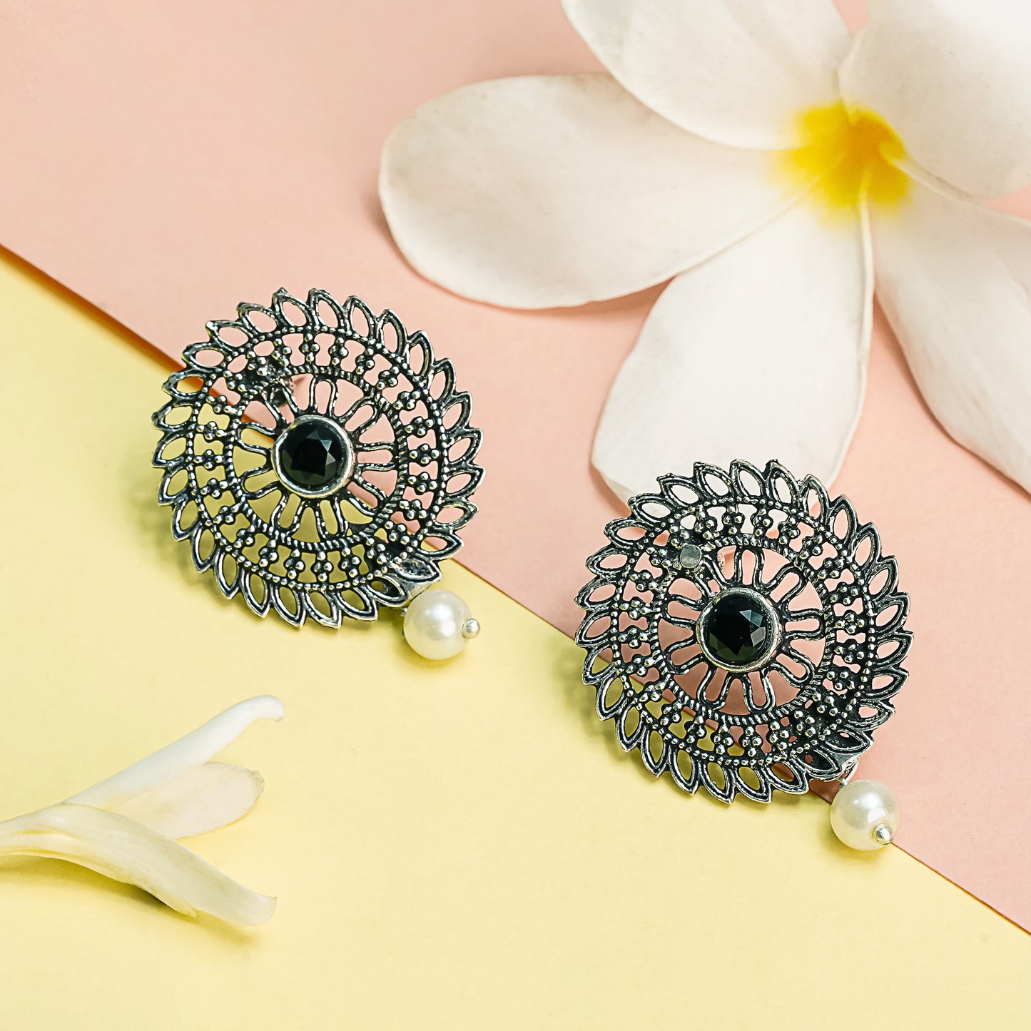 Black Stone Studded Beautiful Oxidised Studs With Hanging Pearl