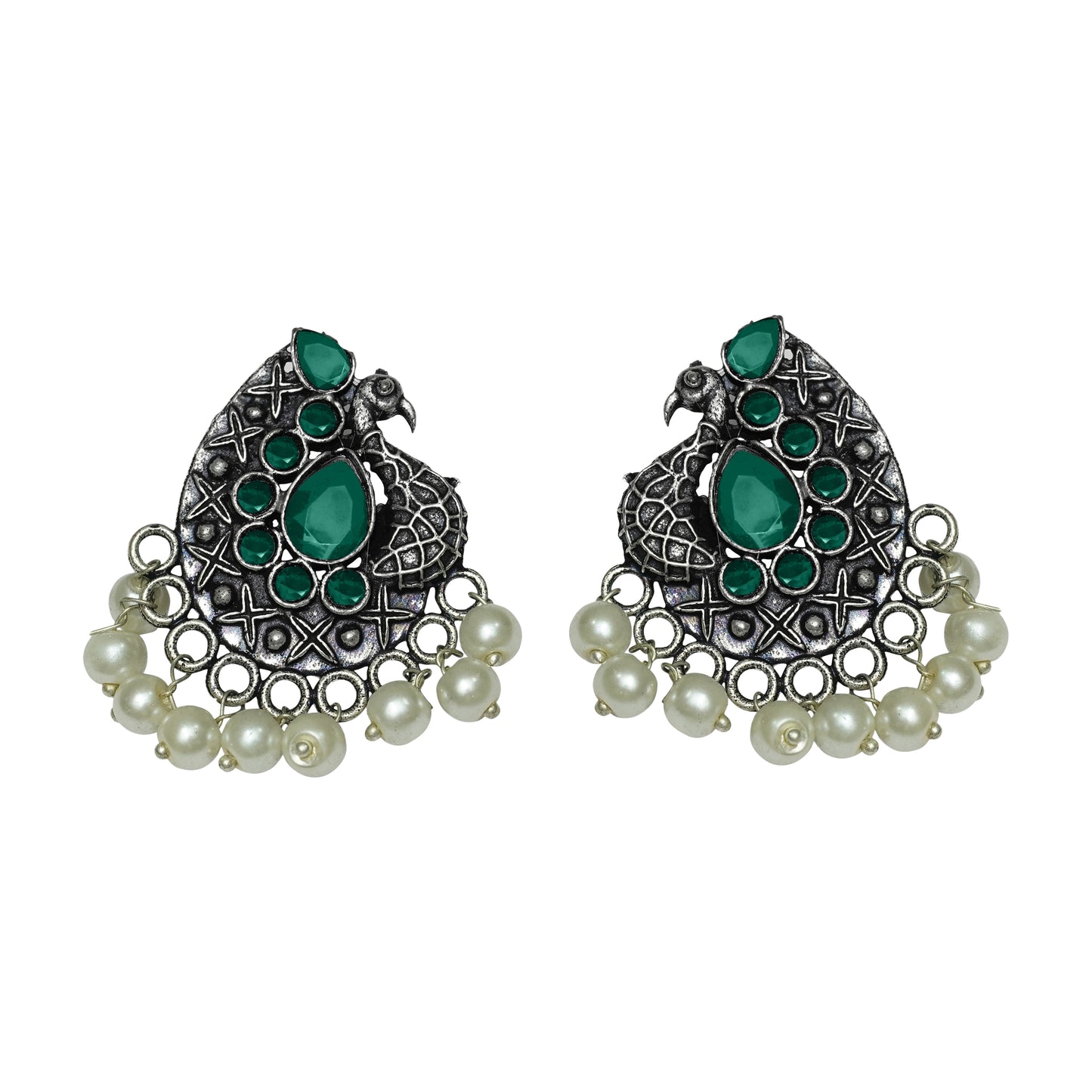 Peacock Profile Oxidised Studs with Hanging Pearls - Green