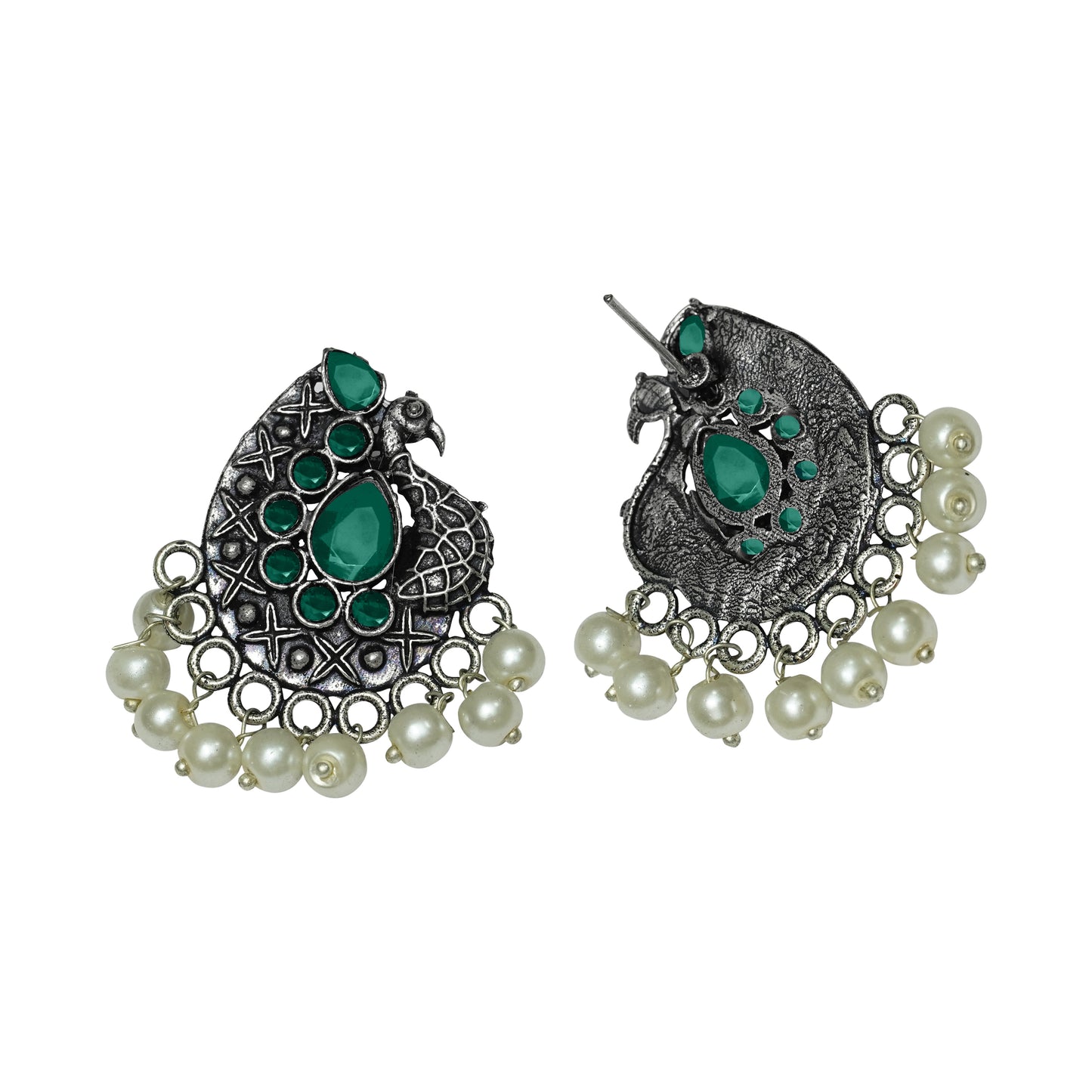 Peacock Profile Oxidised Studs with Hanging Pearls - Green