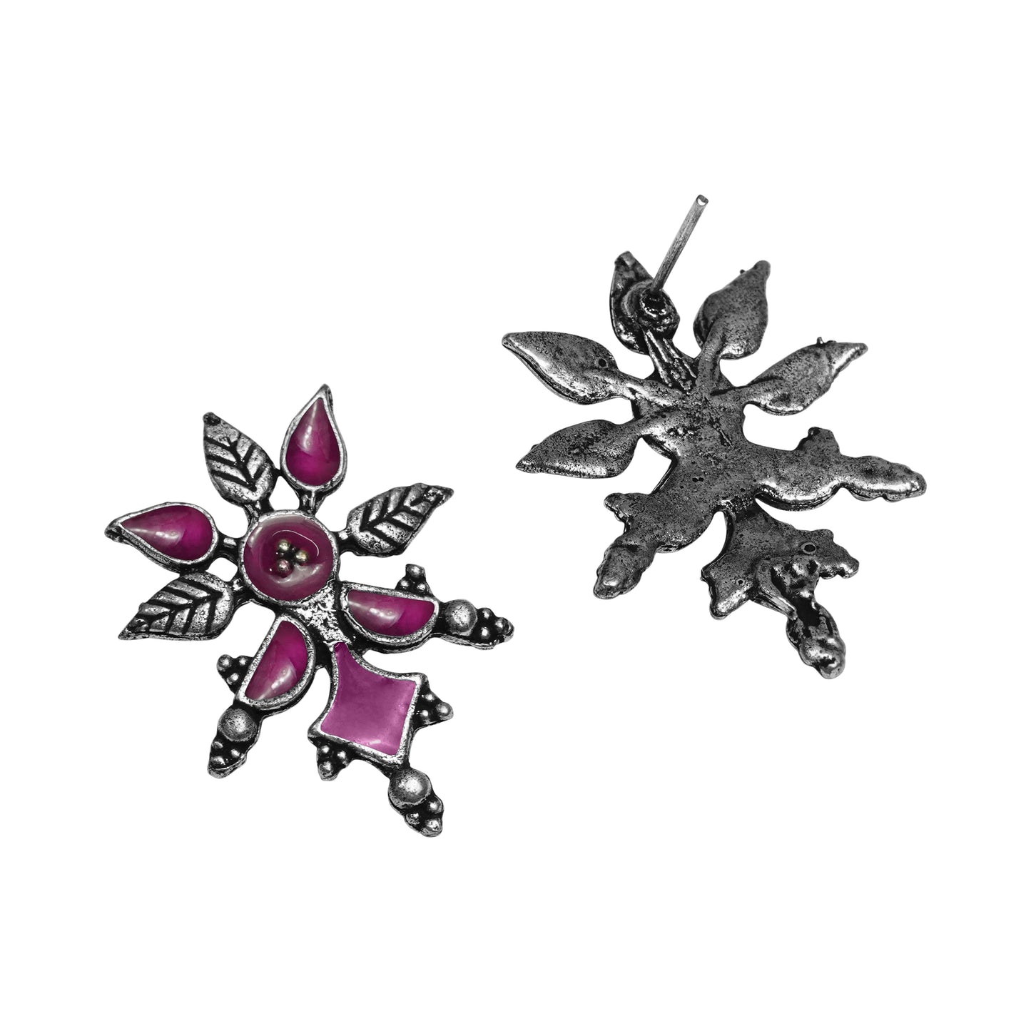 Pink Meenakari Oxidised Leaf Earrings