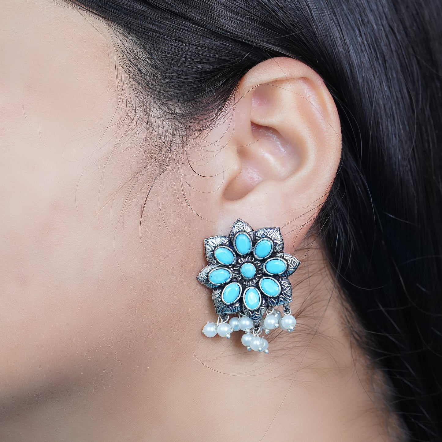 Sky Blue Stone Studded Oxidised Earrings With Hanging Pearls