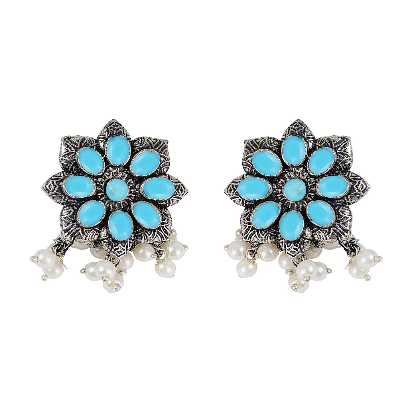 Sky Blue Stone Studded Oxidised Earrings With Hanging Pearls