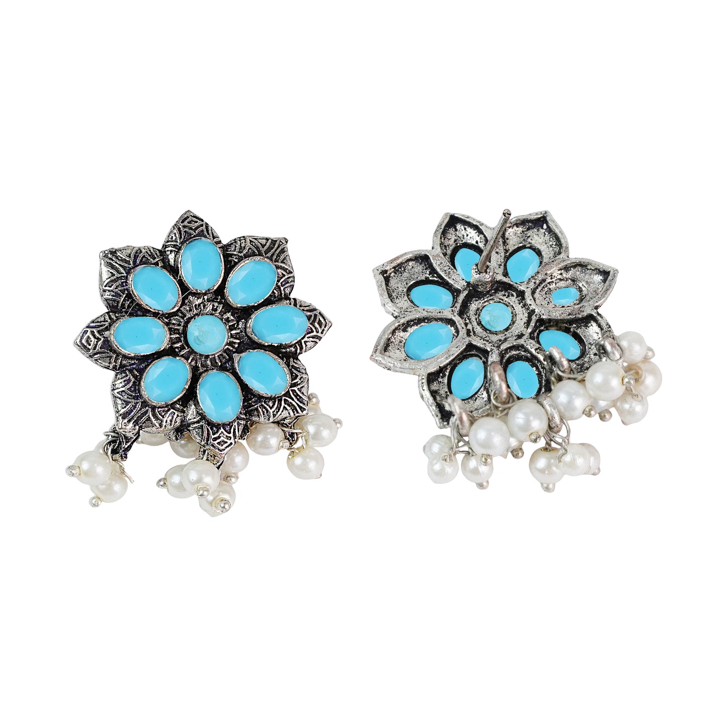 Sky Blue Stone Studded Oxidised Earrings With Hanging Pearls
