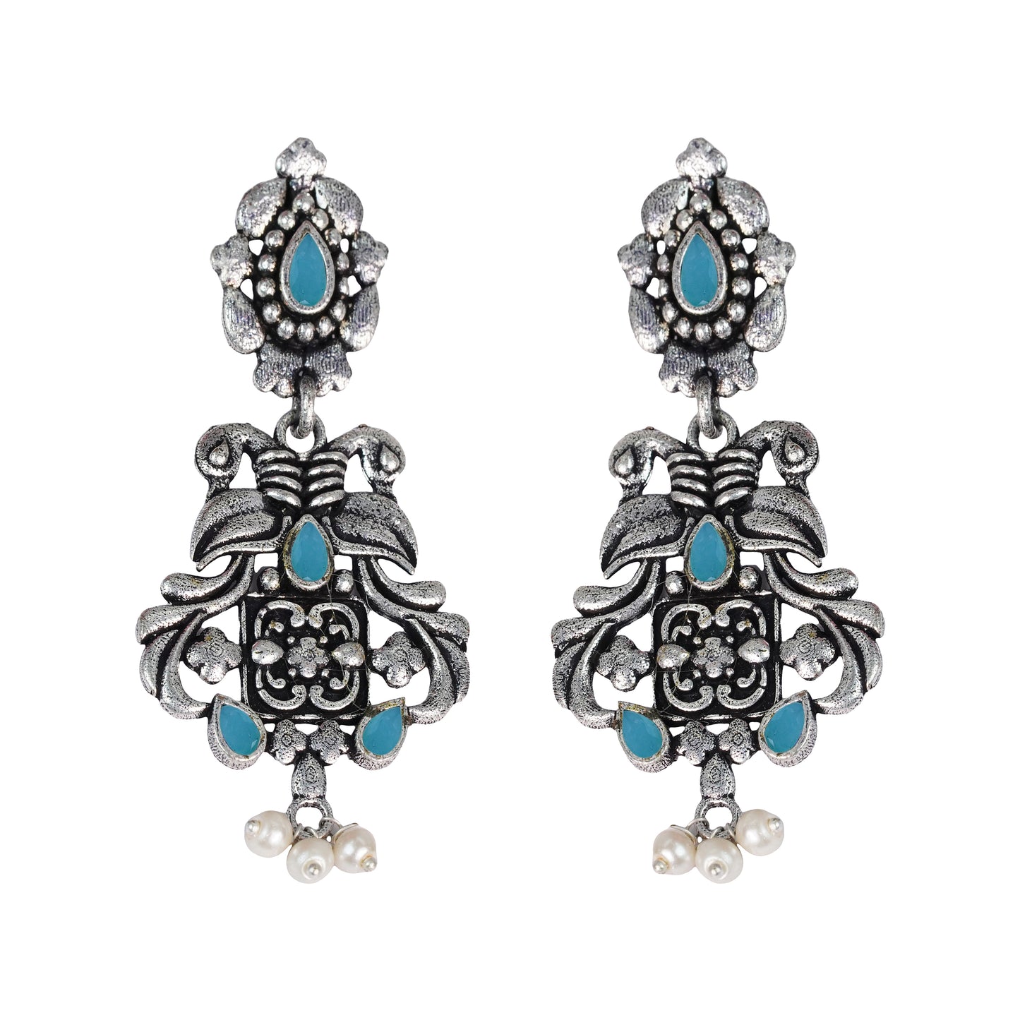 Mint Stone Studded Oxidised Earrings With Hanging Pearls