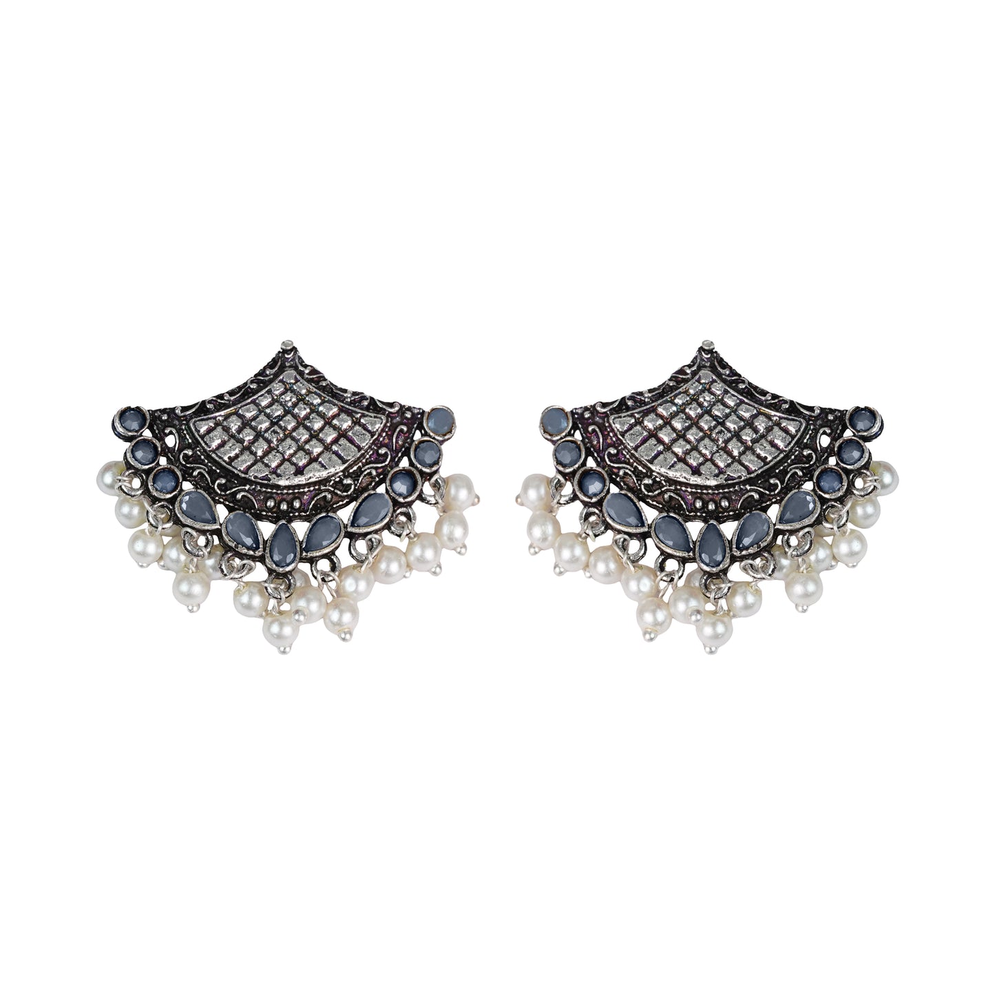 Gray Stone Studded Lotus Petal Shaped Oxidised Earrings With Hanging Line Of Pearl