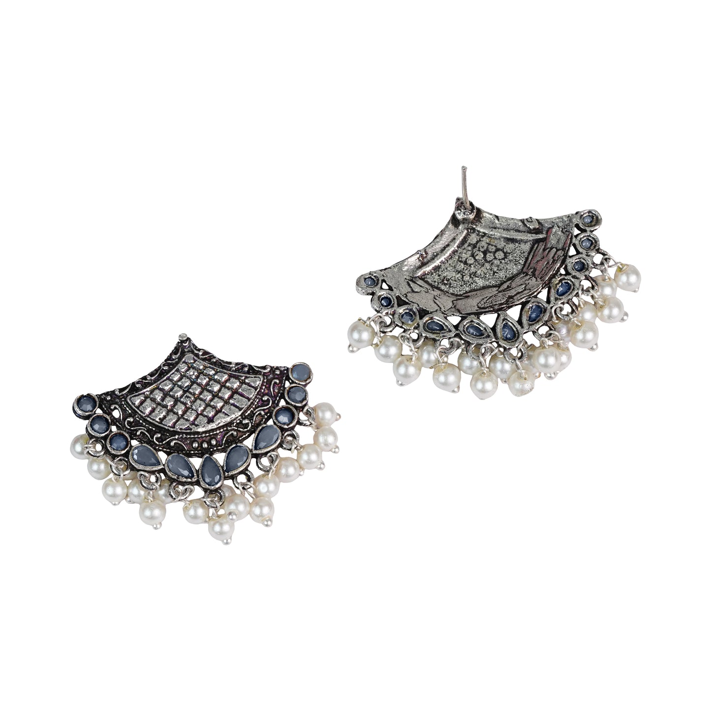 Gray Stone Studded Lotus Petal Shaped Oxidised Earrings With Hanging Line Of Pearl