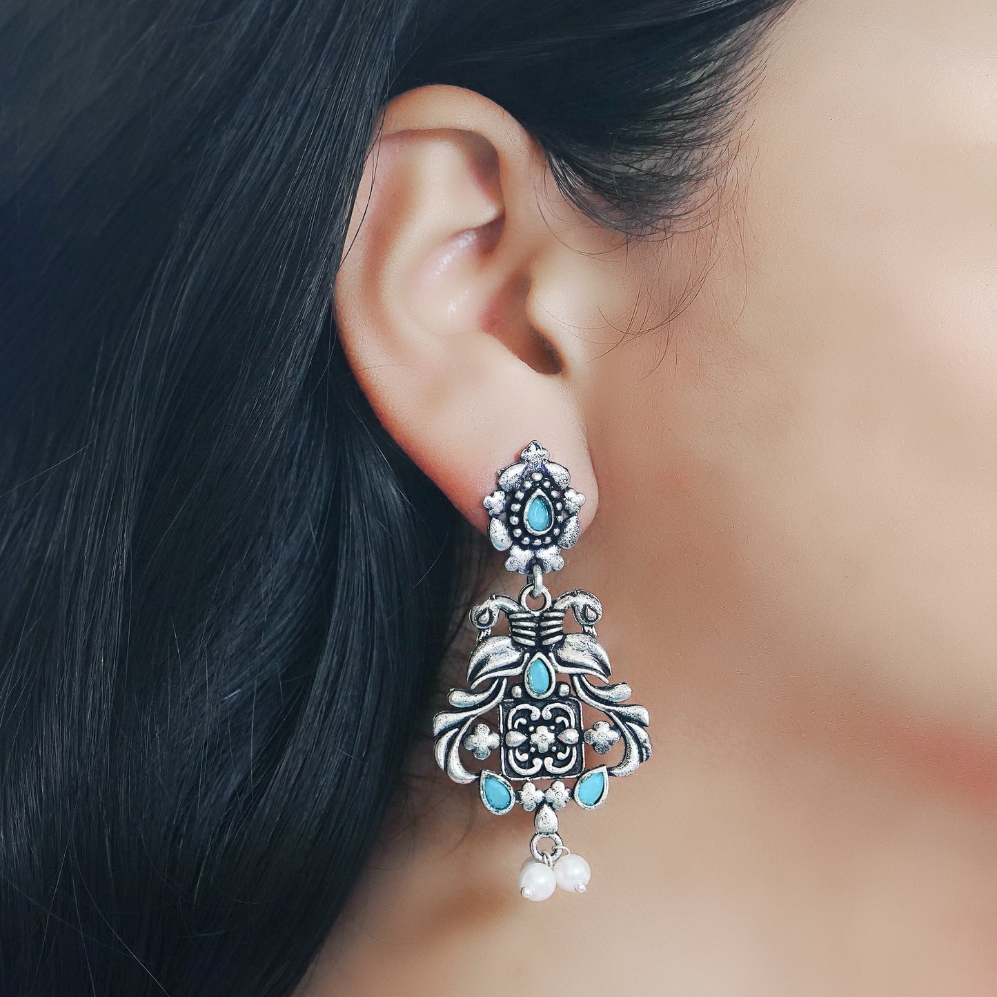 Mint Stone Studded Oxidised Earrings With Hanging Pearls