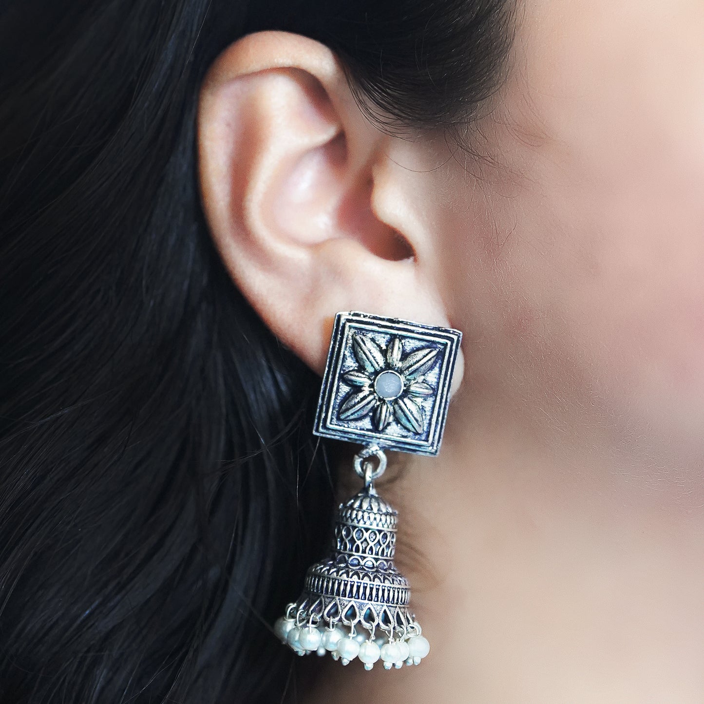 Gray Stone Studded Oxidised Earrings With Hanging Pearls