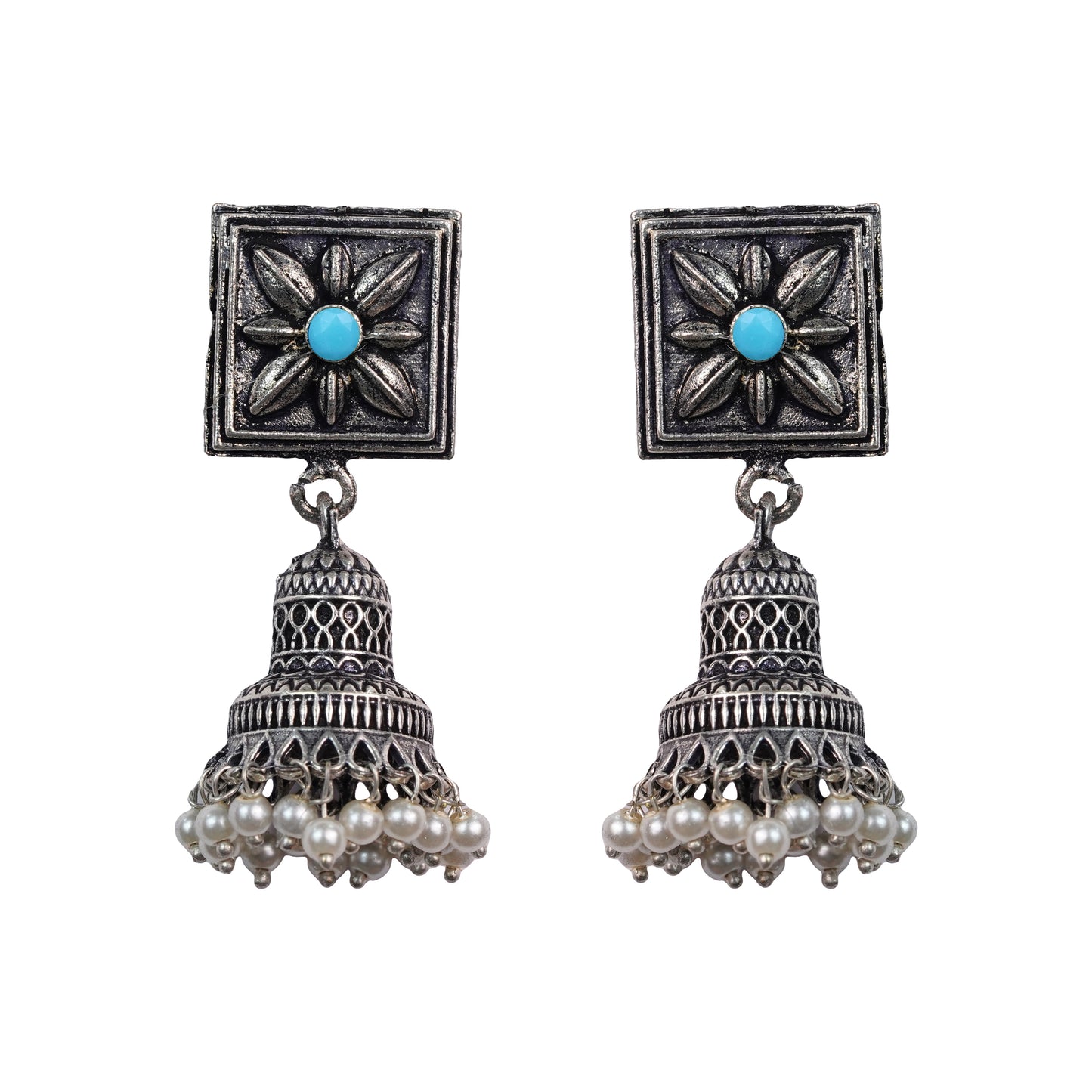 Sky Blue Stone Studded Oxidised Earrings With Hanging Pearls