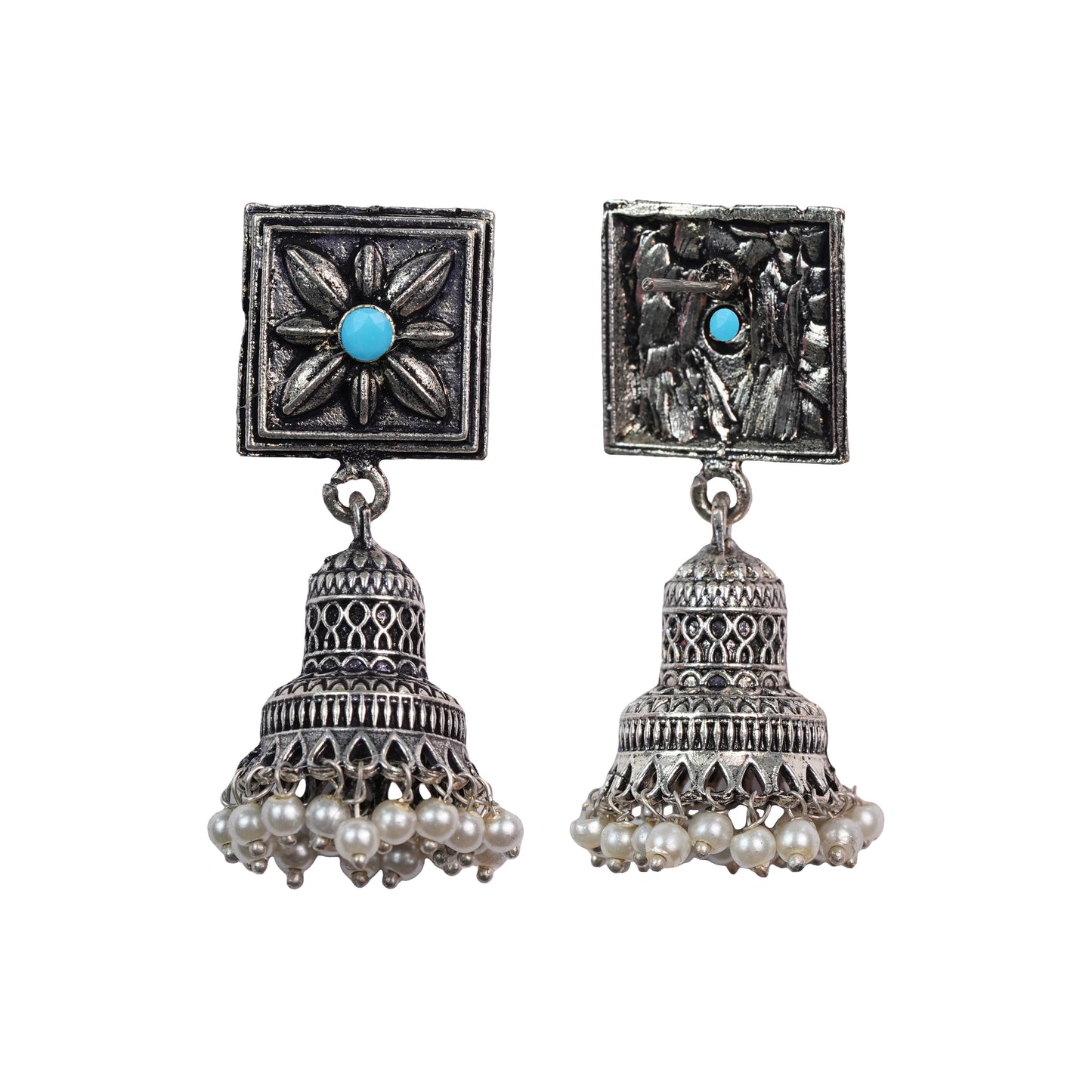 Sky Blue Stone Studded Oxidised Earrings With Hanging Pearls