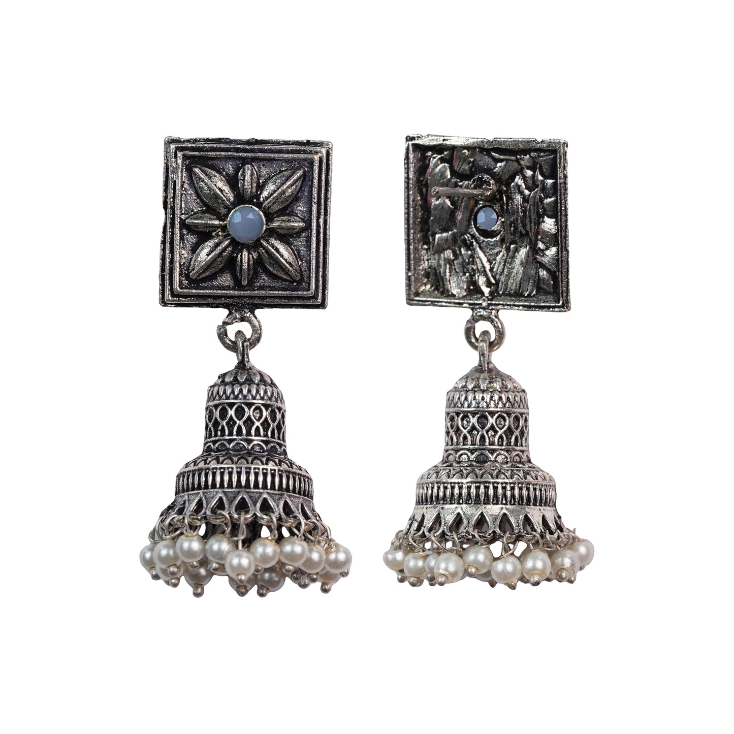 Gray Stone Studded Oxidised Earrings With Hanging Pearls