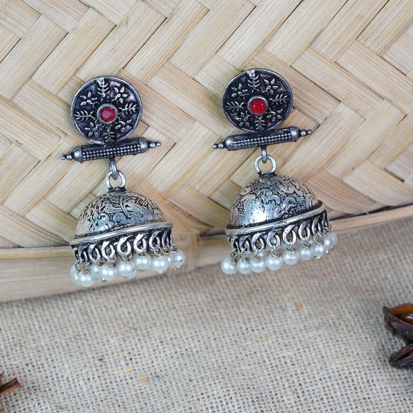 Charmbell jhumka earrings (Dark Red)