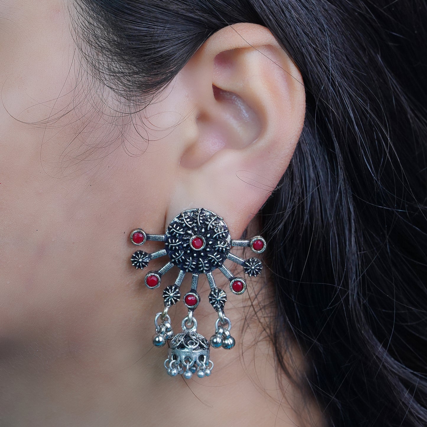 Dark Red Stone Studded Semicircular Oxidised Earrings With Hanging Jhumki
