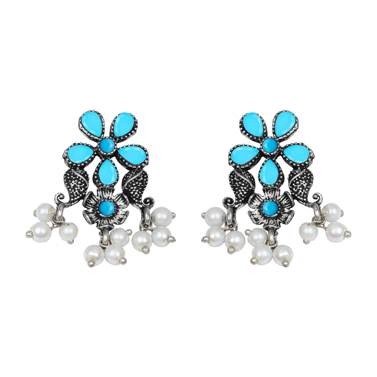 Sky Blue Stone Studded Oxidised Earrings With Hanging Pearl