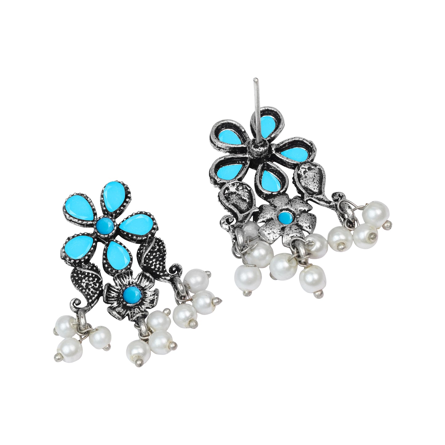 Sky Blue Stone Studded Oxidised Earrings With Hanging Pearl