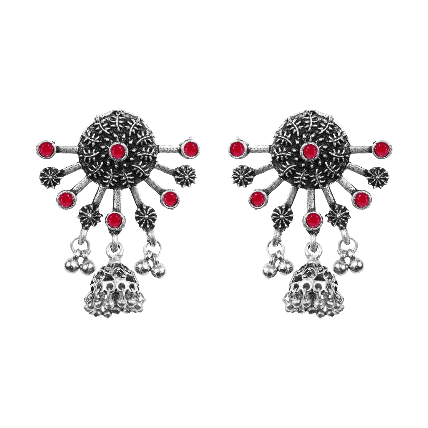 Dark Red Stone Studded Semicircular Oxidised Earrings With Hanging Jhumki