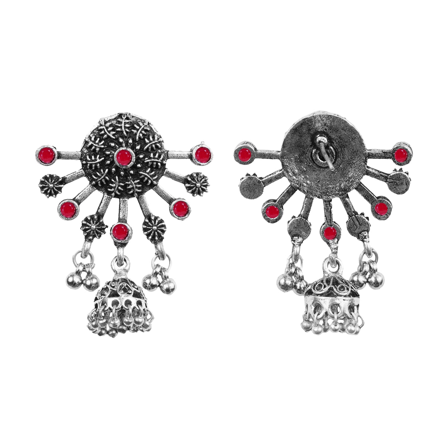 Dark Red Stone Studded Semicircular Oxidised Earrings With Hanging Jhumki