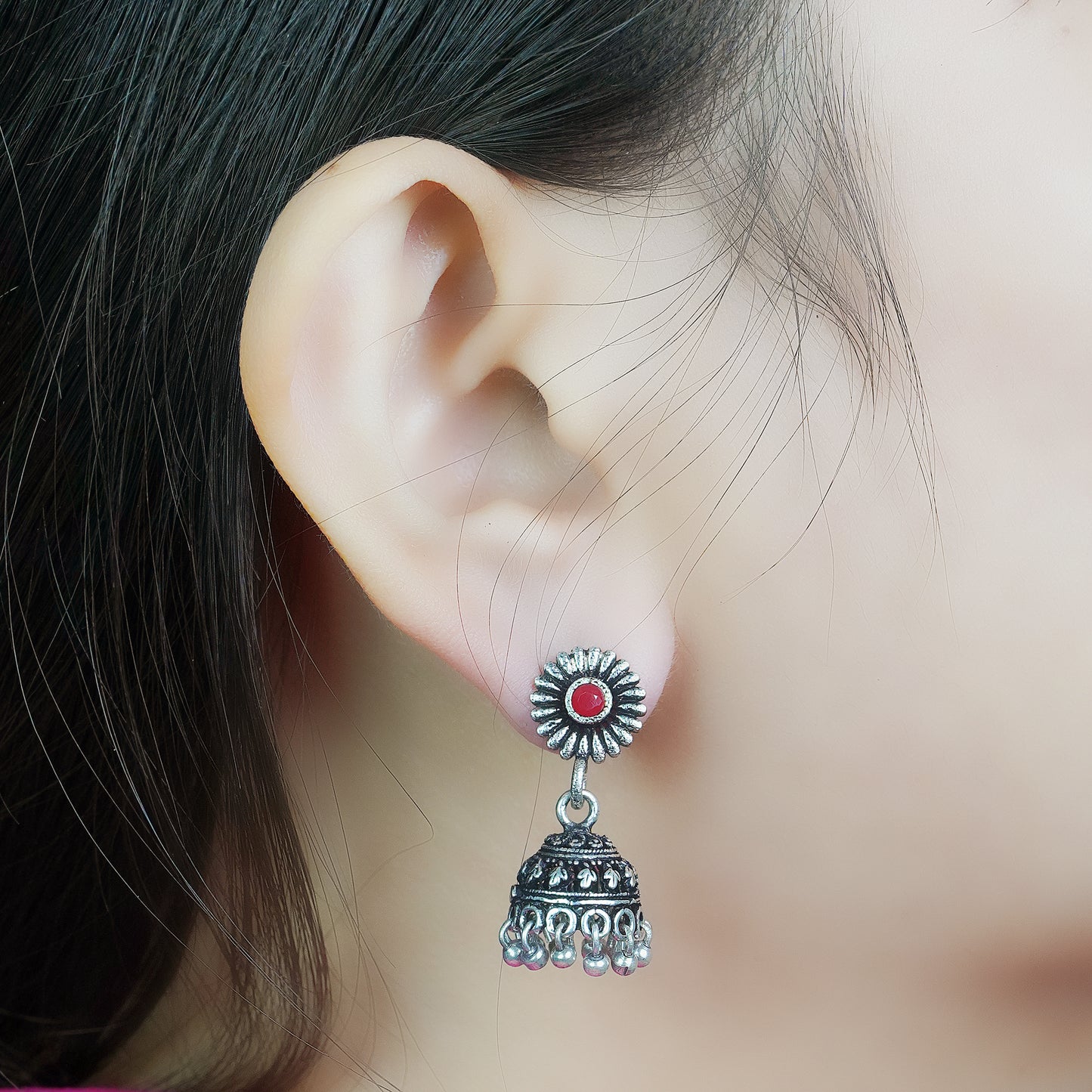 Garden gorgeousness Jhumki arrings (Dark Red)