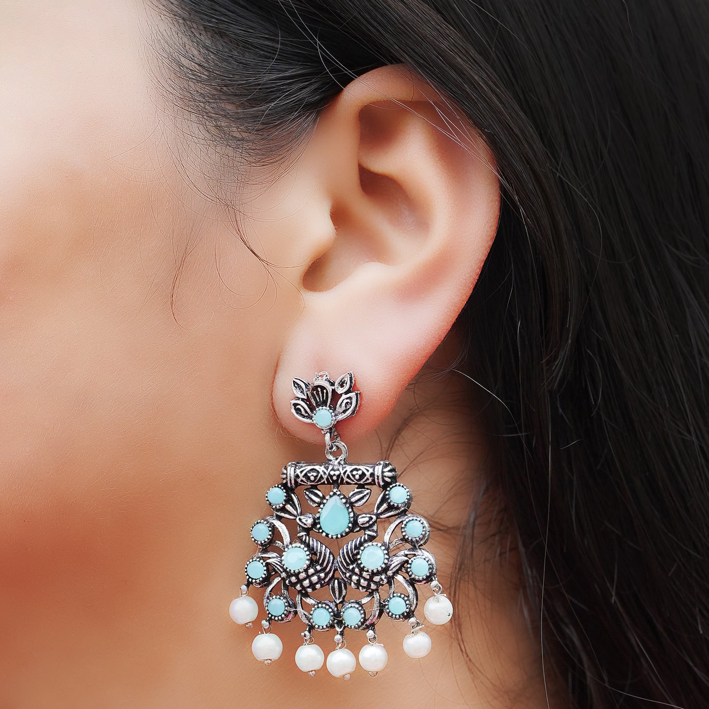 Mint Stone Studded Oxidised Earrings With Hanging Pearls