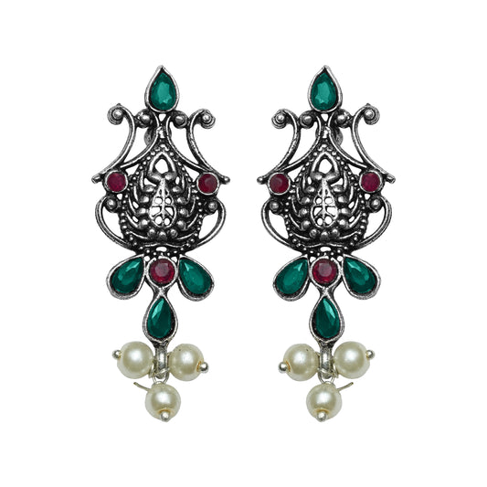 Flower motif hanging pearls dangler earring (Multicolored)