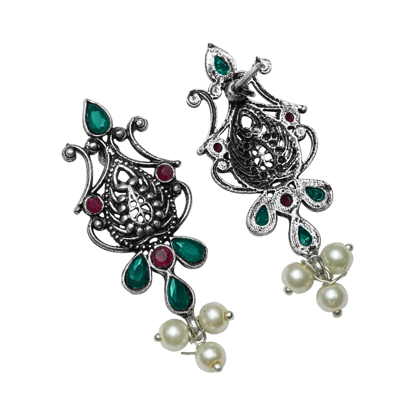 Flower motif hanging pearls dangler earring (Multicolored)