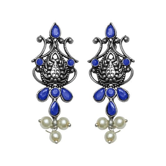 Flower motif hanging pearls dangler earring (Blue)