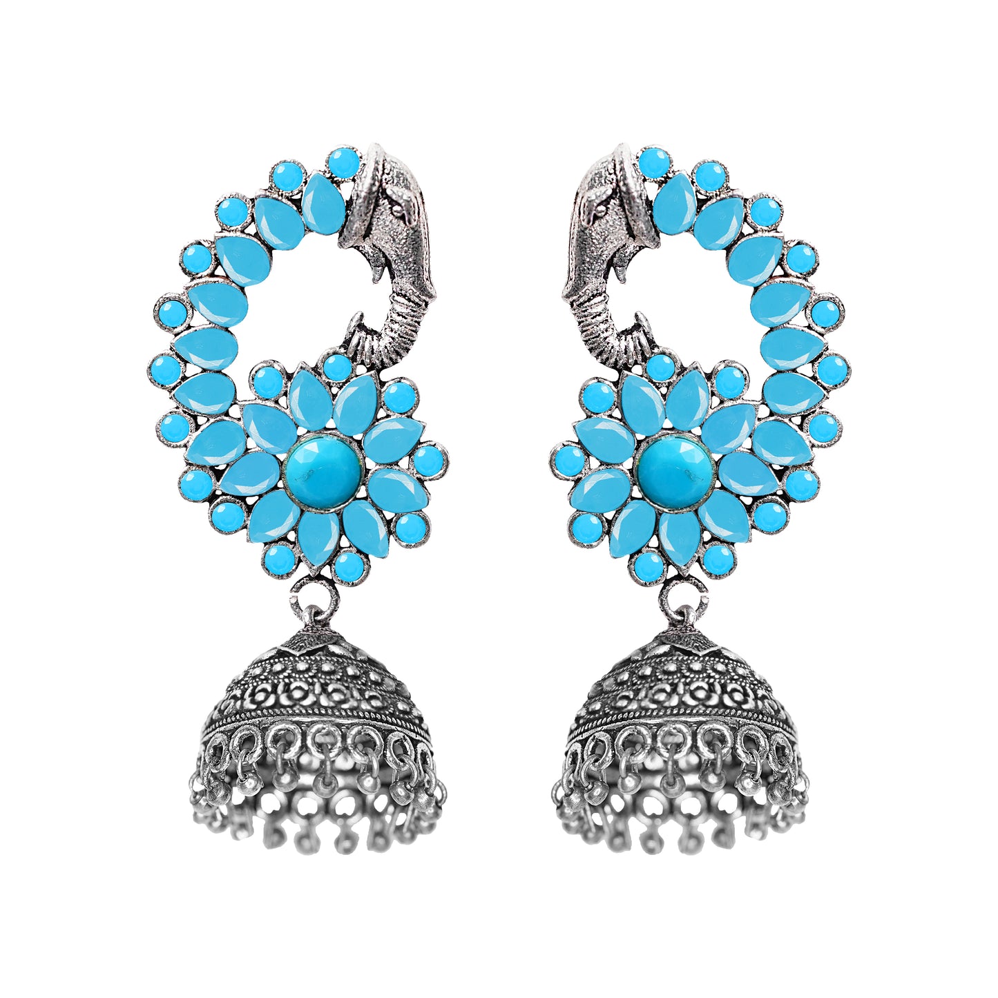 Sky Blue Stone Studded Peacock German Silver Earrings