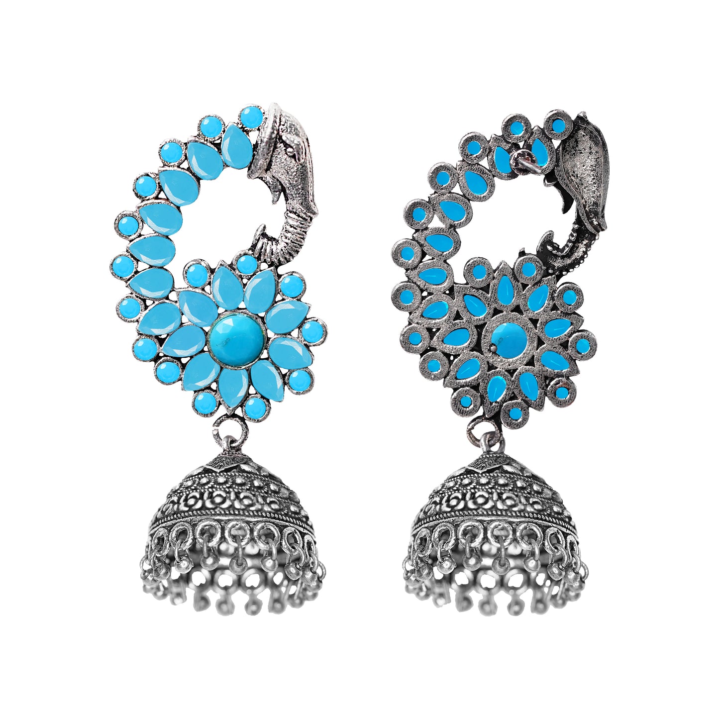 Sky Blue Stone Studded Peacock German Silver Earrings