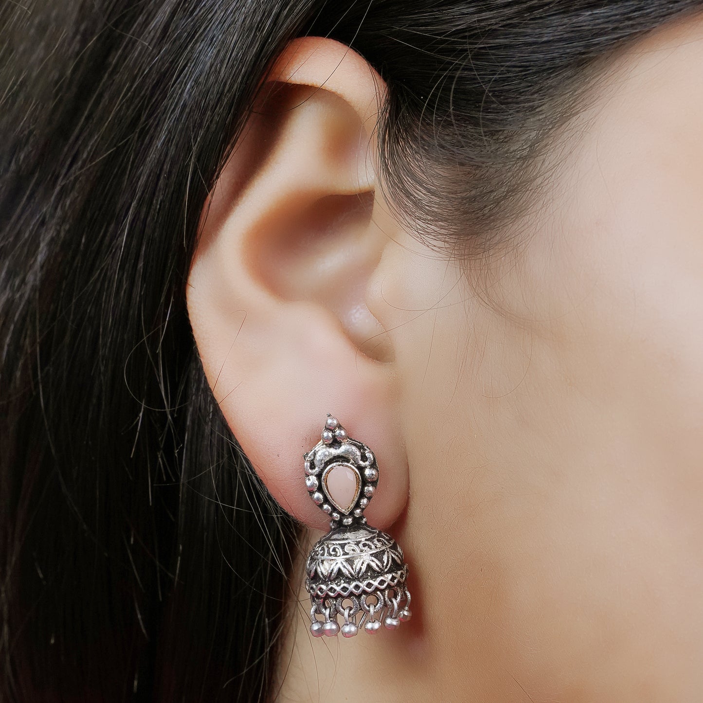 Jharokha stone studded jhumki earring (Light Orange)