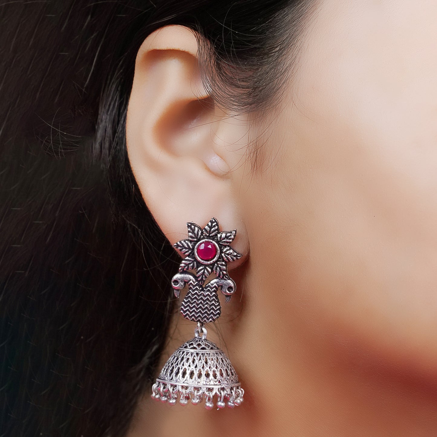 Fearless feathers jhumki earrings (Red)