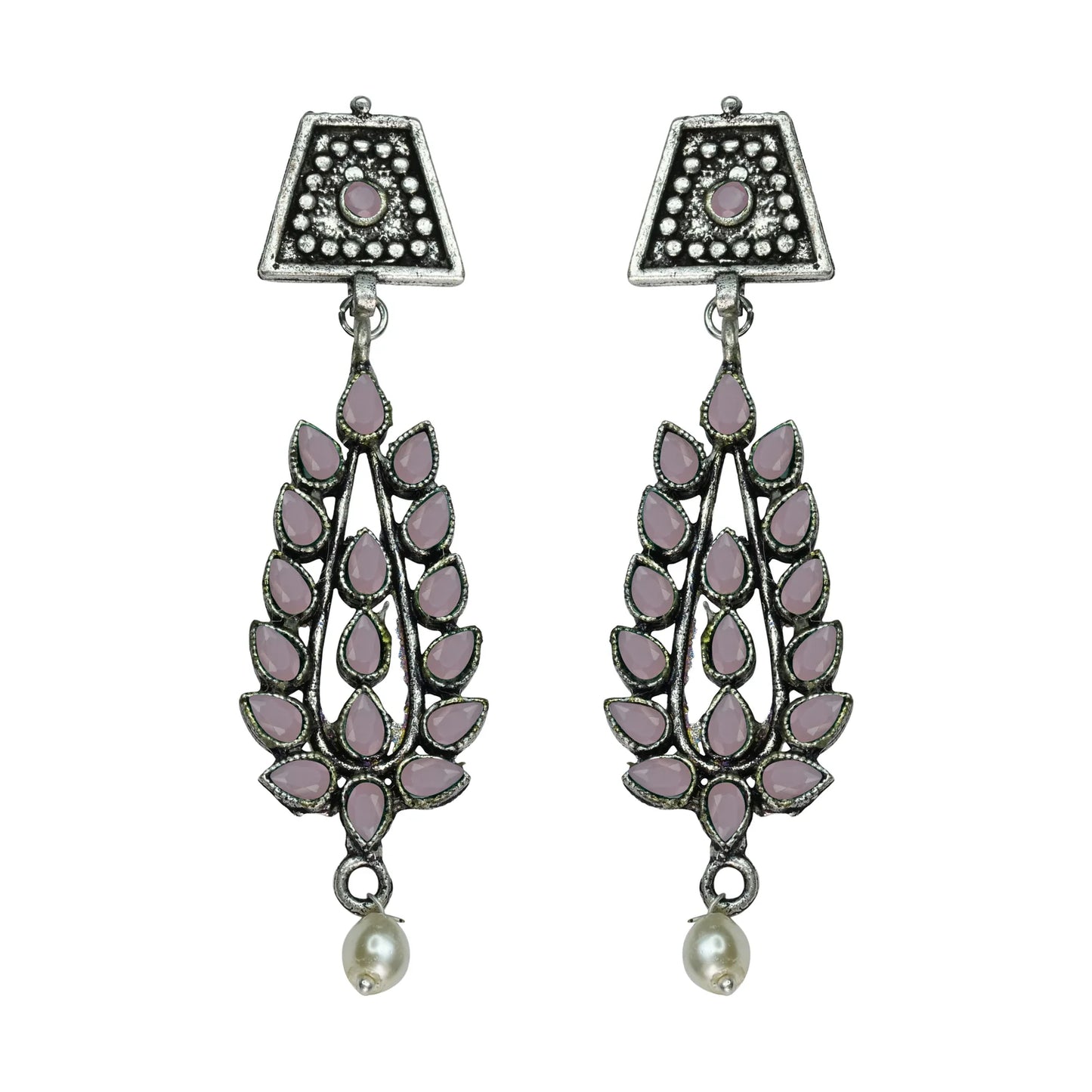 Royal Triple Bell Layered Jhumka Earring (Black) Precious Petal stone studded dangler earring (Baby Pink) Combo set