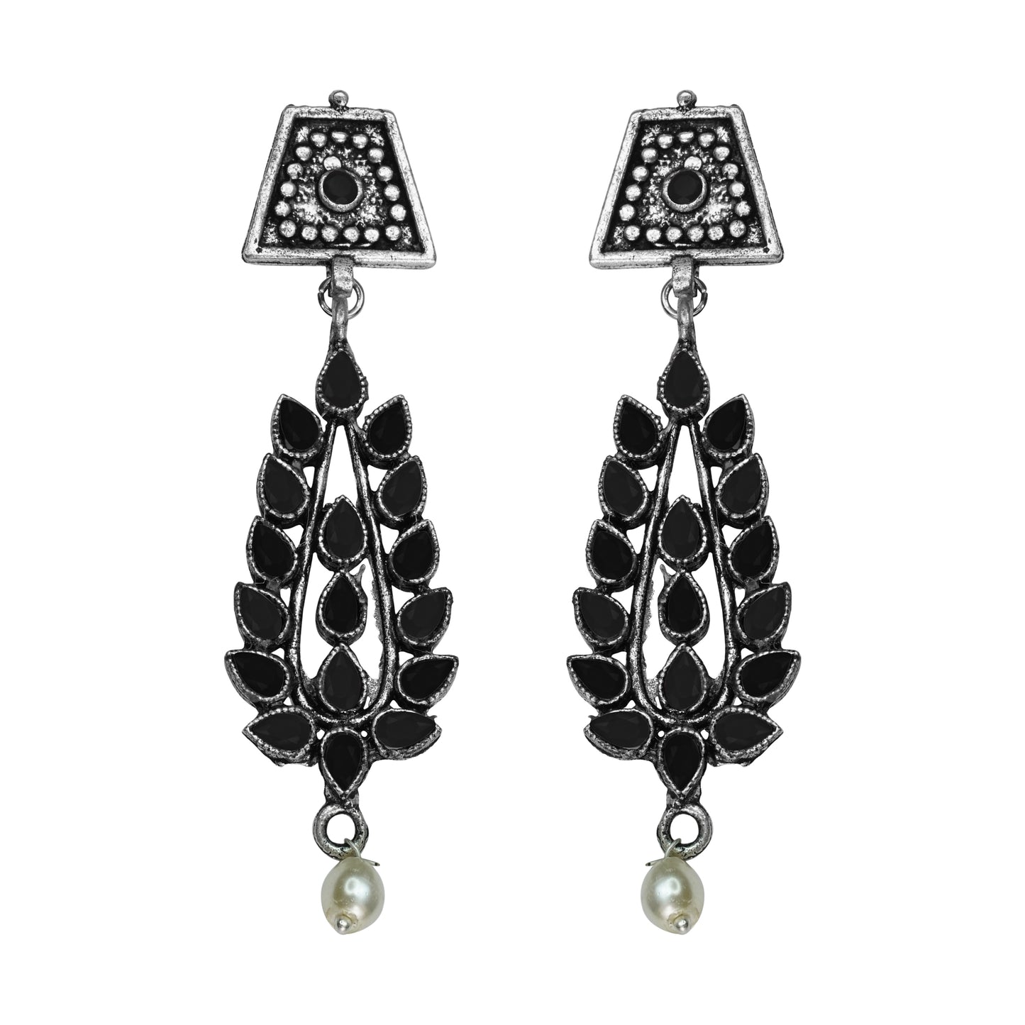 Black Stone Studded Statement Earrings With Hanging Pearls