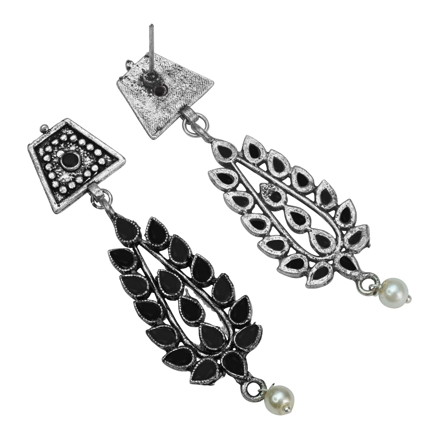 Black Stone Studded Statement Earrings With Hanging Pearls