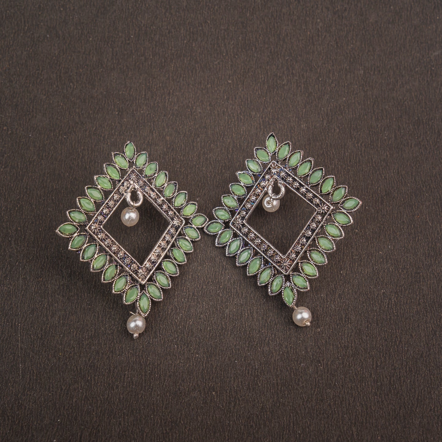 Pista Stone Studded Square German Silver Earrings