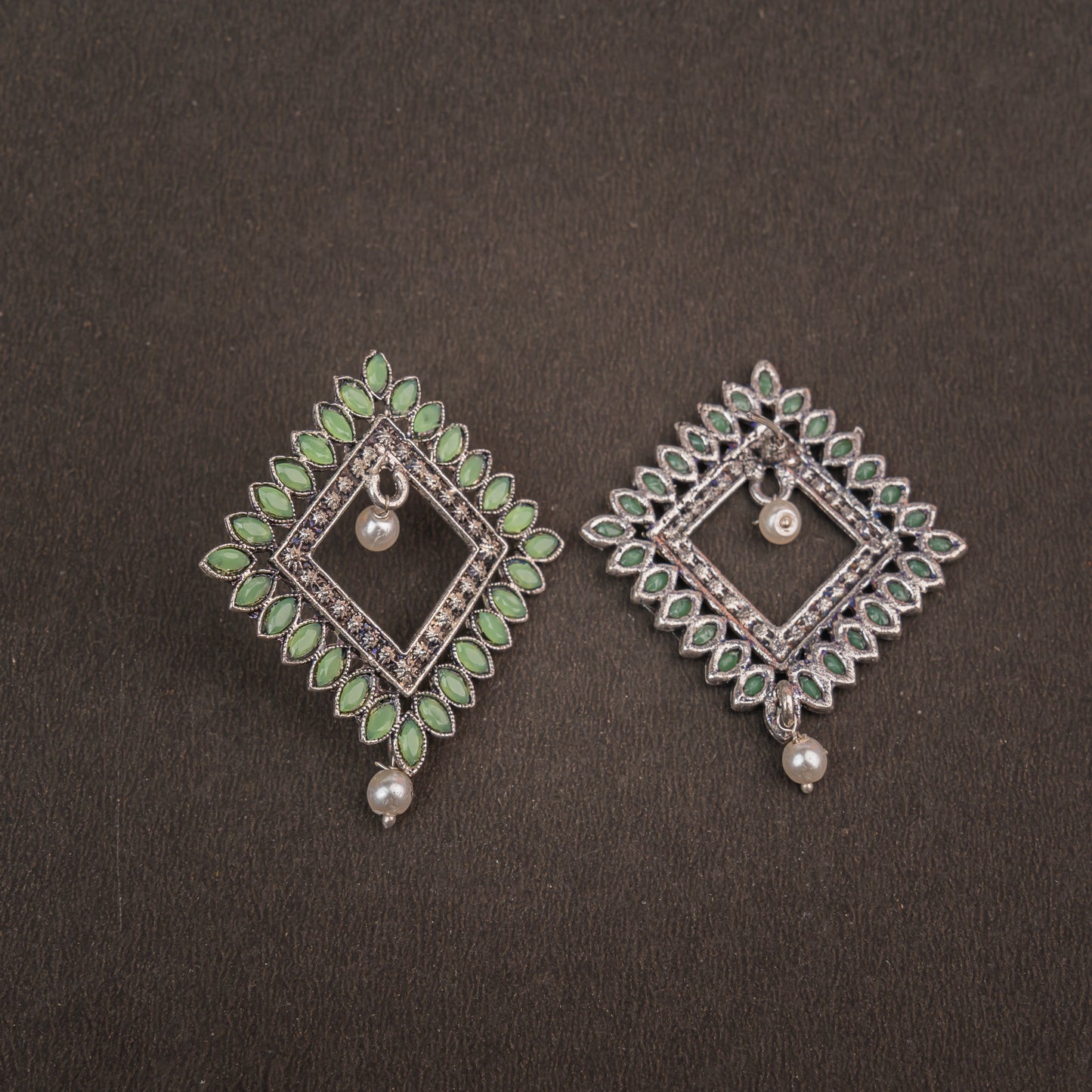 Pista Stone Studded Square German Silver Earrings