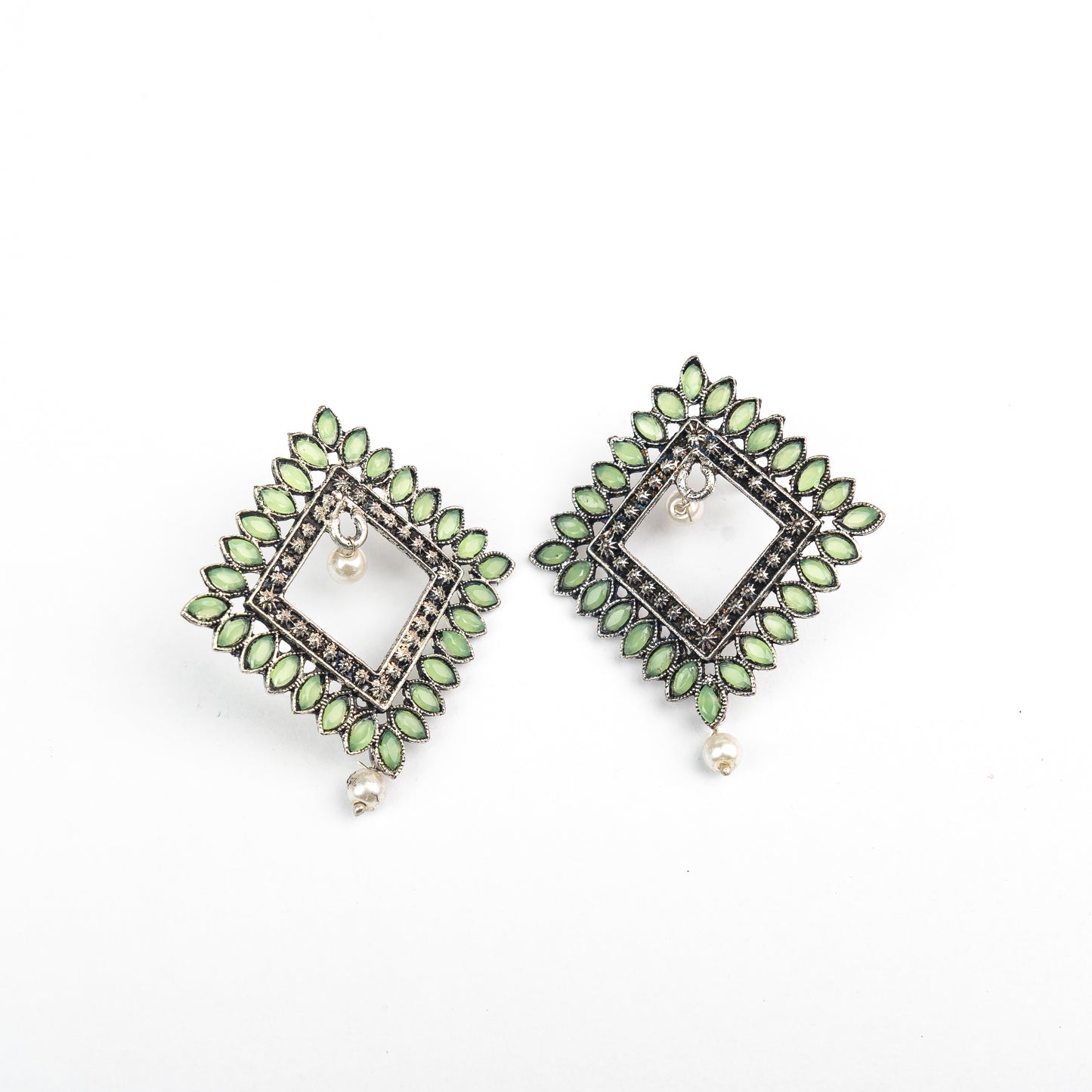 Pista Stone Studded Square German Silver Earrings
