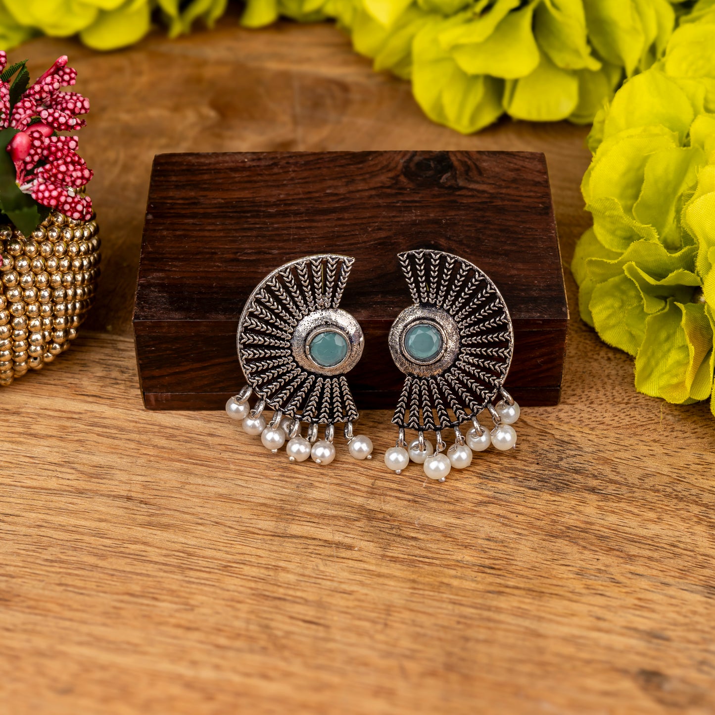 Mint Stone Studded Oxidised Earrings With Hanging Pearls