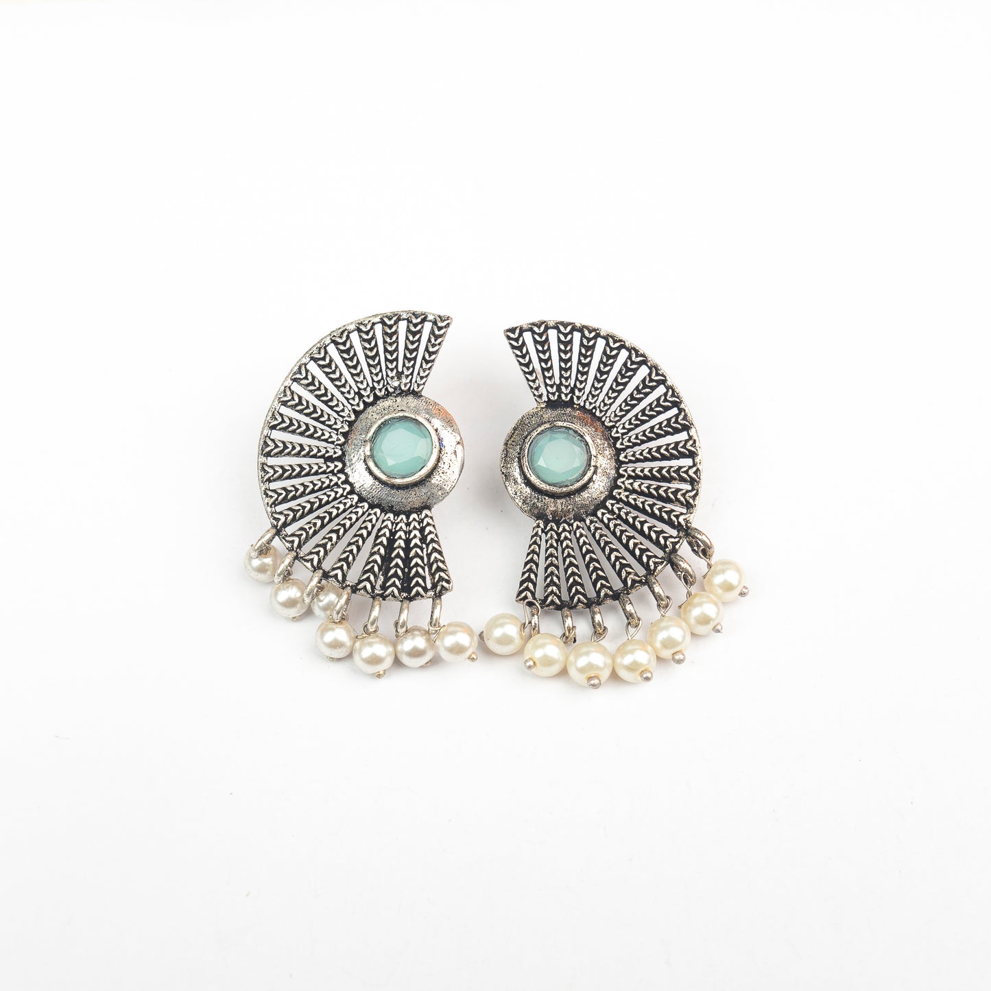 Mint Stone Studded Oxidised Earrings With Hanging Pearls