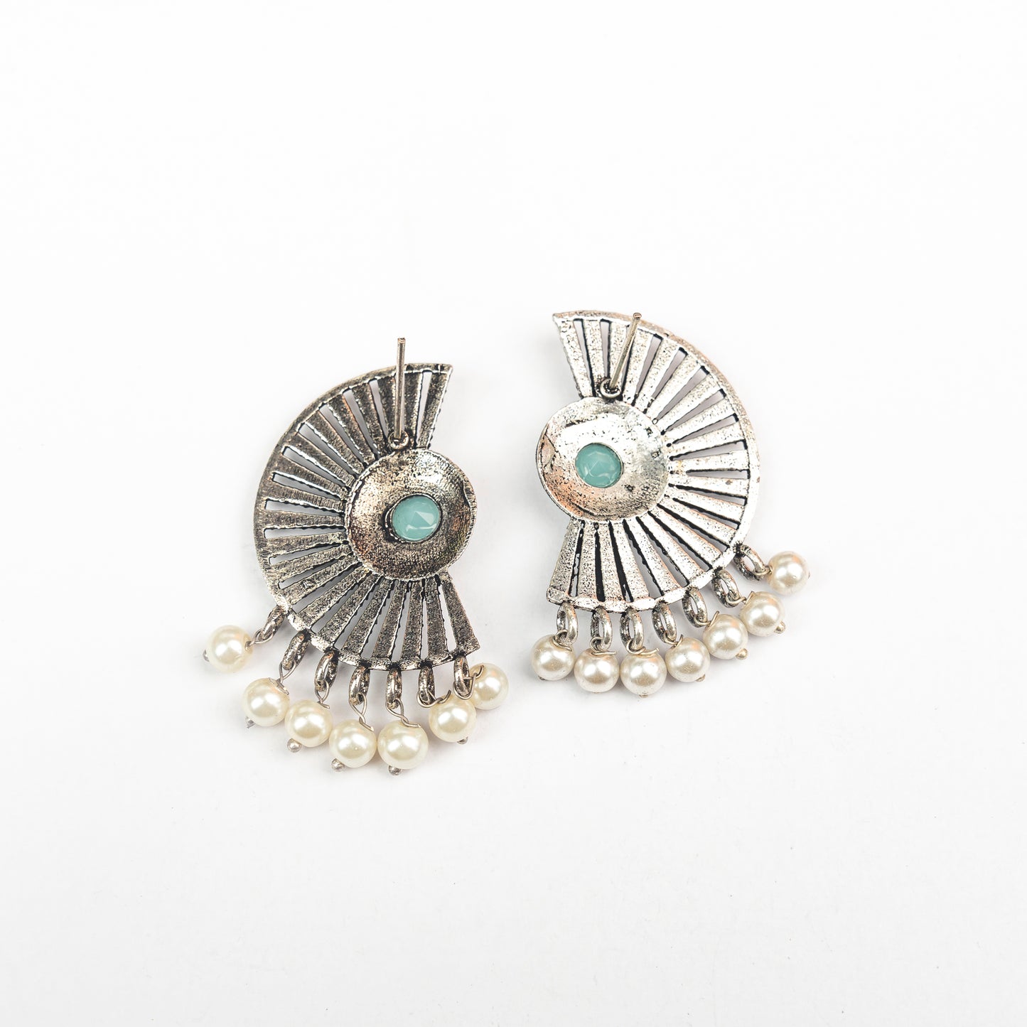 Mint Stone Studded Oxidised Earrings With Hanging Pearls