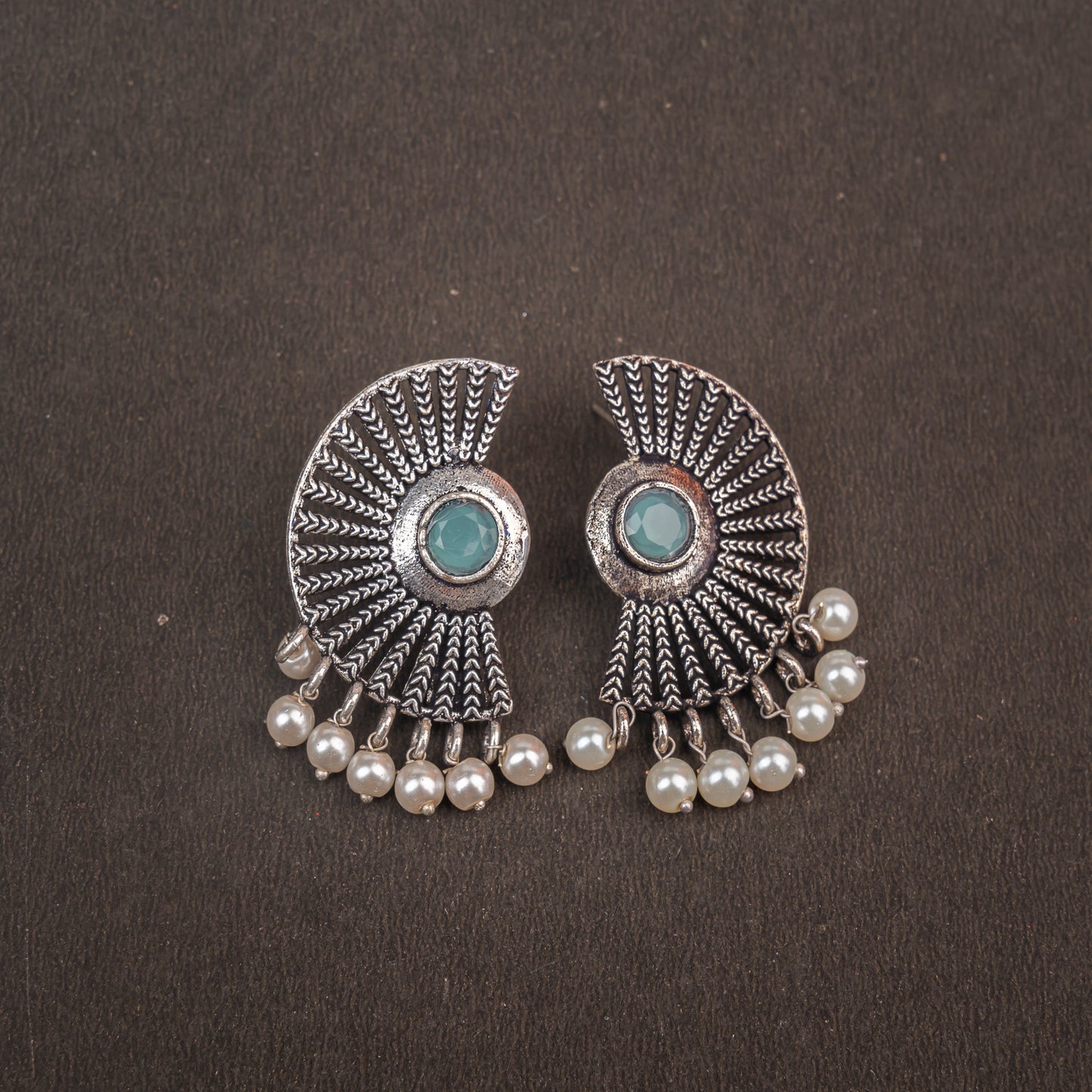 Mint Stone Studded Oxidised Earrings With Hanging Pearls