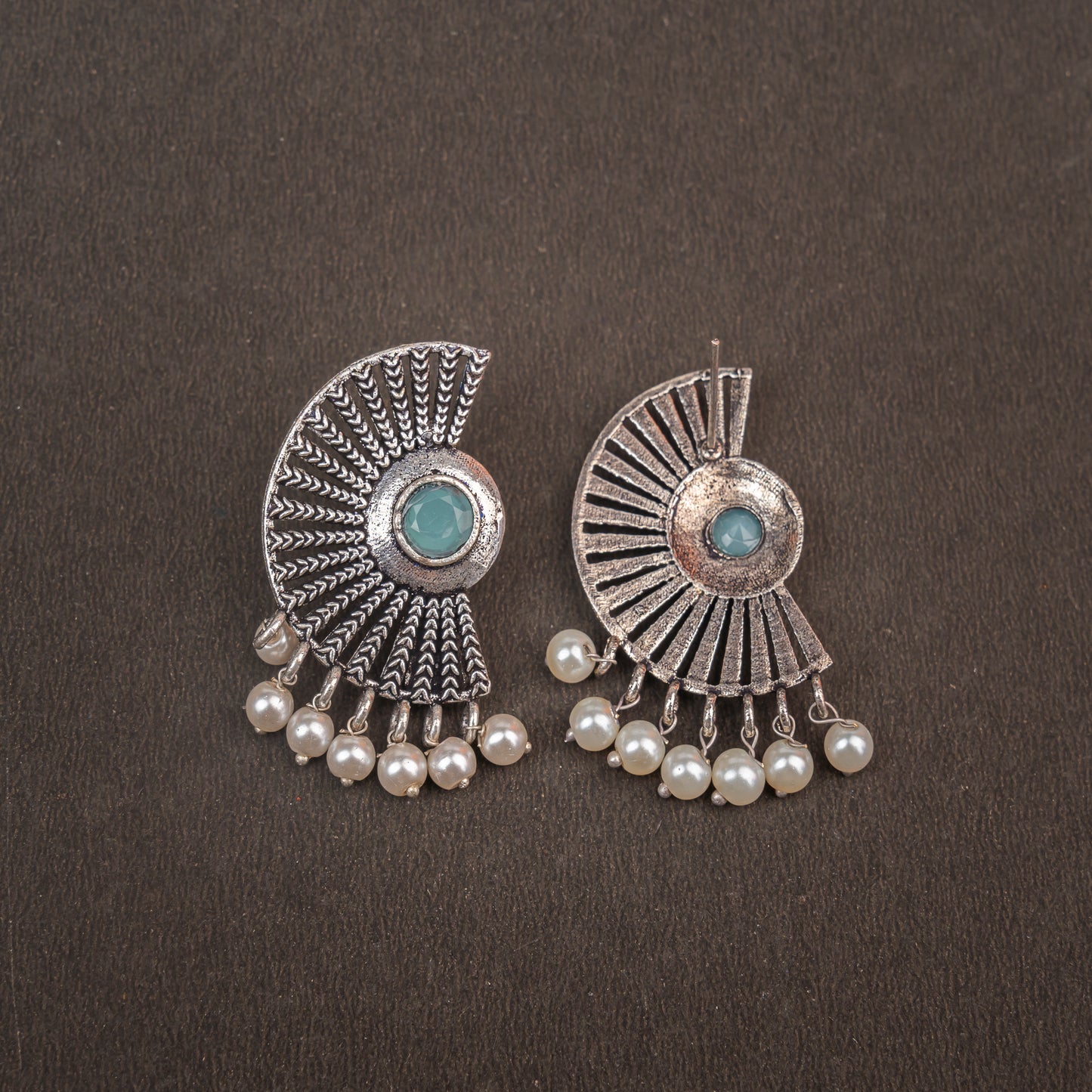 Mint Stone Studded Oxidised Earrings With Hanging Pearls
