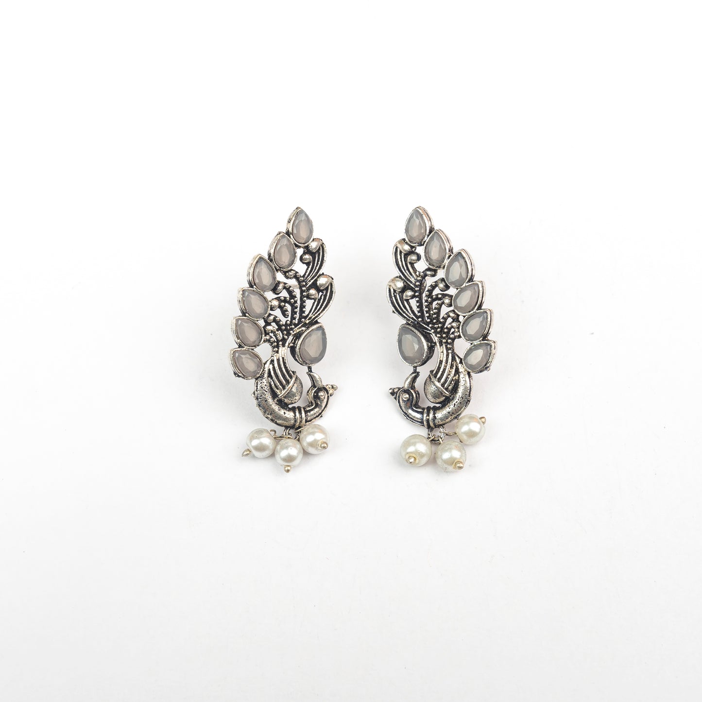 Grey Stone Studded Peacock Motif Stud Earrings With Hanging Pearls