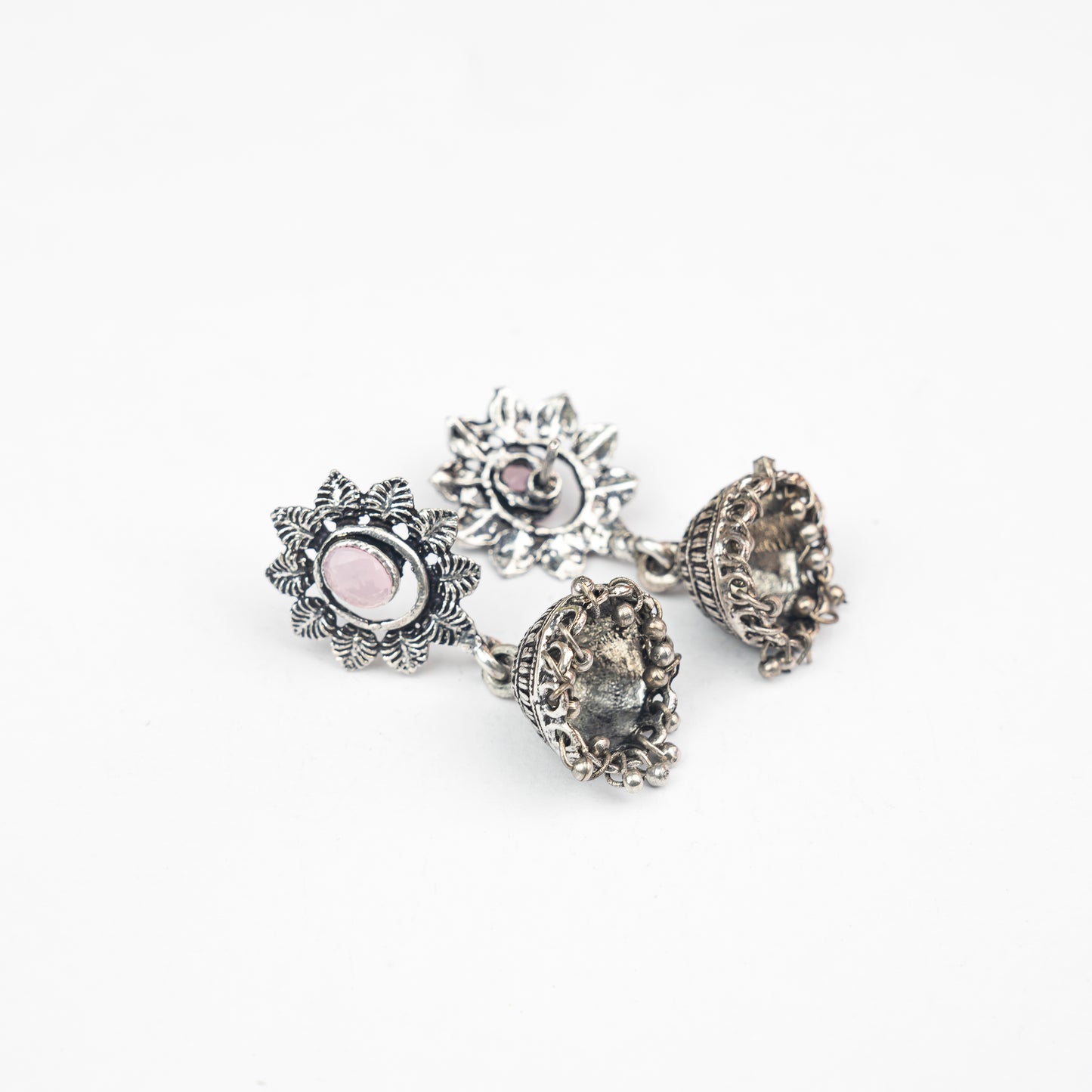 Baby Pink Stone Studded Oxidised Dangler Earrings