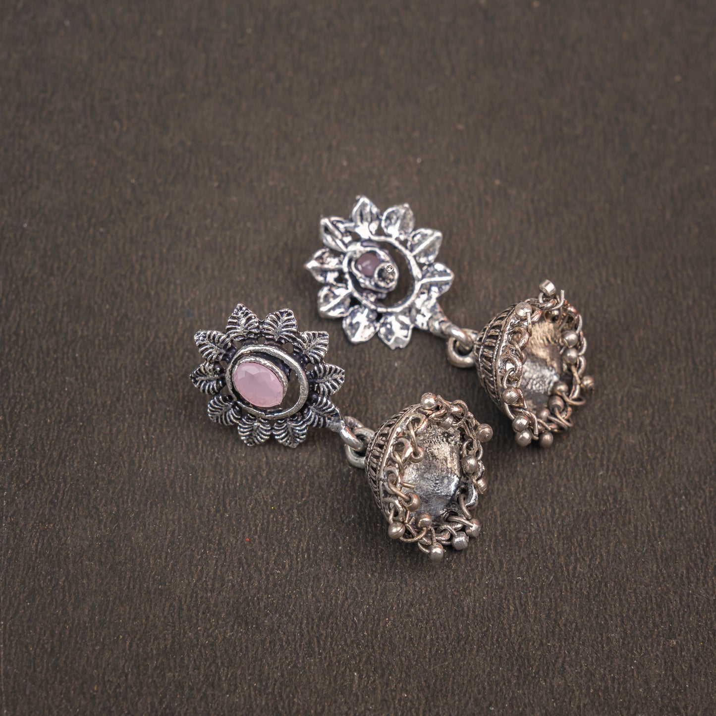 Baby Pink Stone Studded Oxidised Dangler Earrings