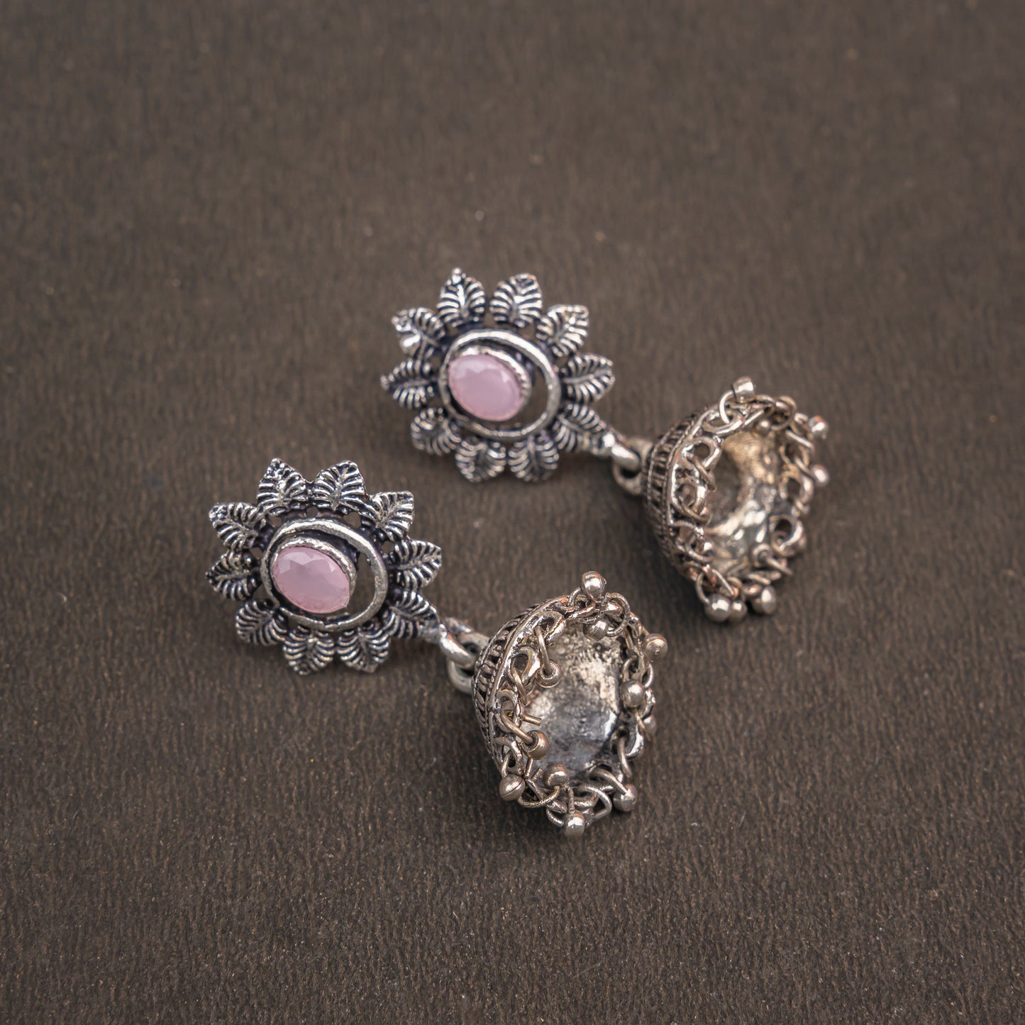 Baby Pink Stone Studded Oxidised Dangler Earrings