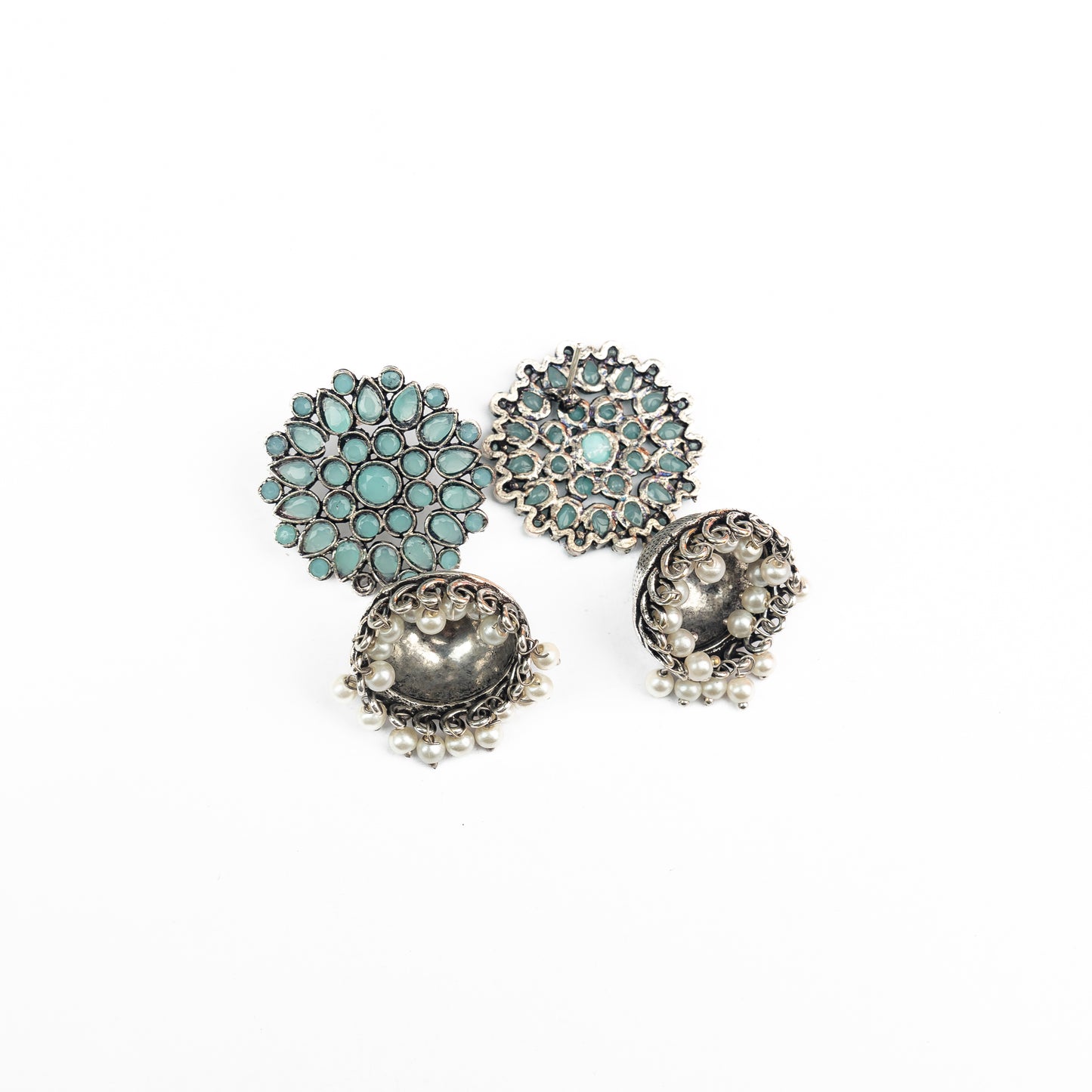 Floral carves stone studded jhumki earrings (Mint)