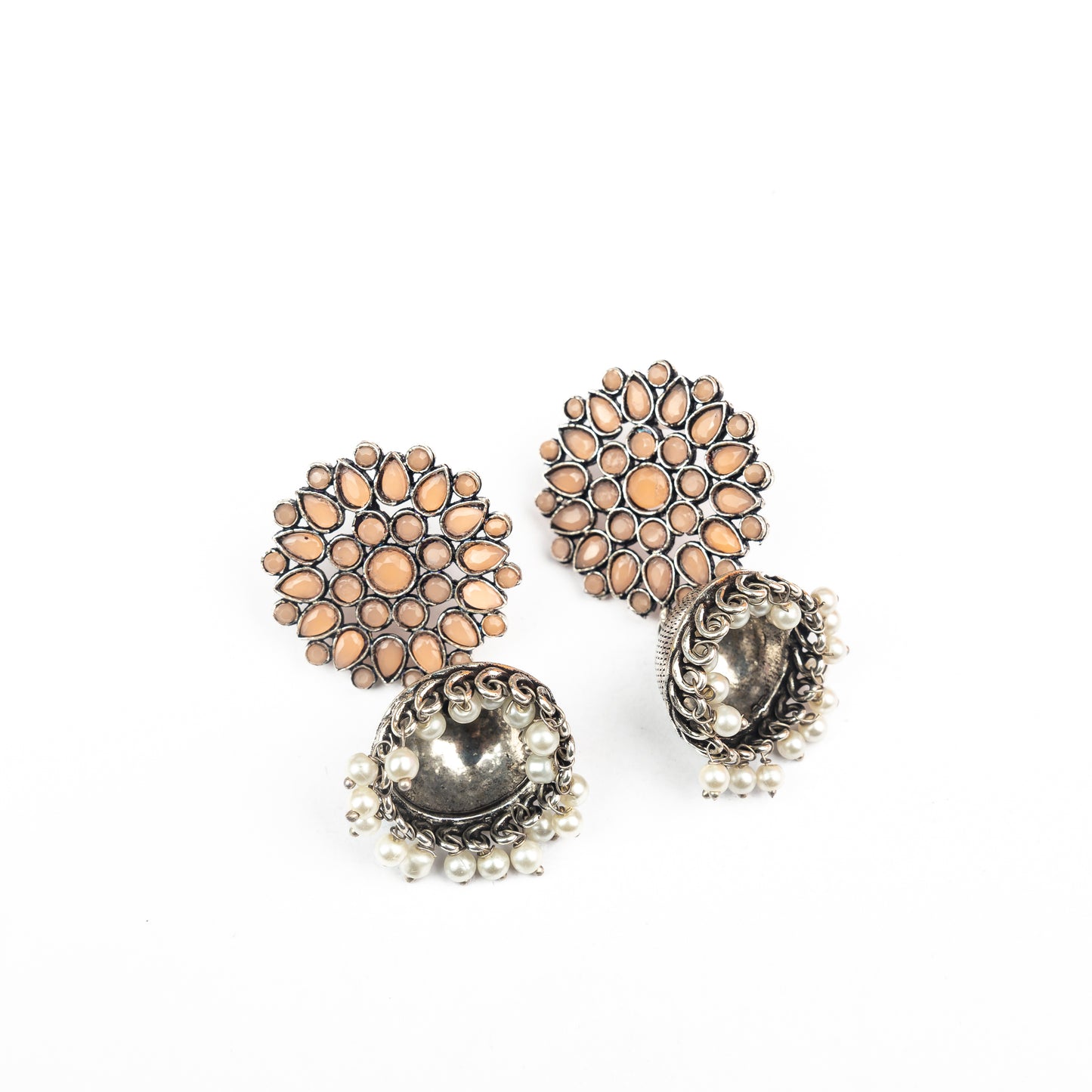 Floral carves stone studded jhumki earrings (Light Orange)